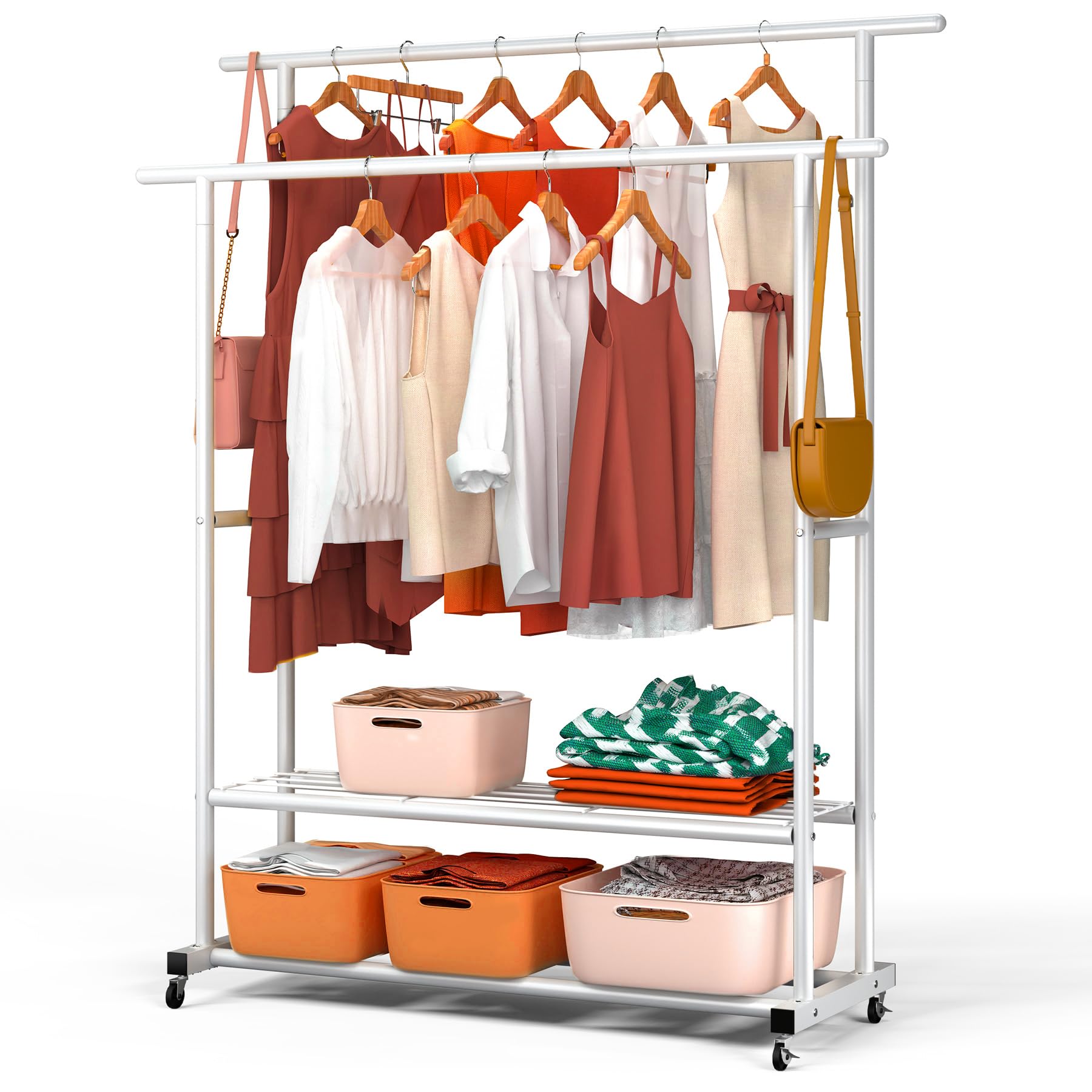 VOUNOT® Double Hanging Clothes Rack with Wheels, Metal Wardrobe with 2 Storage Shelves for Bedroom, Dressing Room, and Hallway – 120x40x146cm, White — image 1