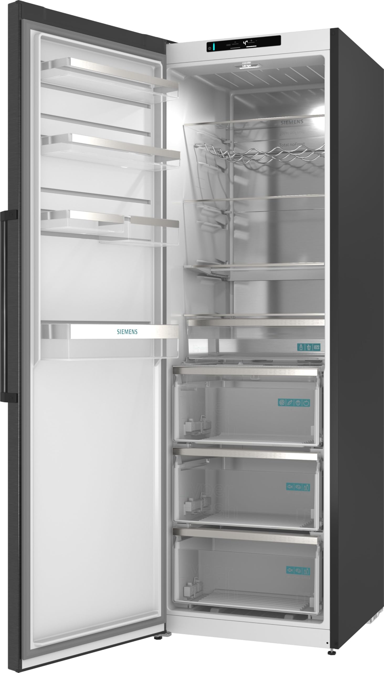 Siemens iQ500 Freistehender XXL Kühlschrank 186,2 x 59,5 cm, KS36NAXCG, 402 L Kühlen, Total noFrost, Nahtlose Platzierung, hyperFresh 0°C Schubladen, LED-Beleuchtung, antiFingerprint Schwarzer Stahl
