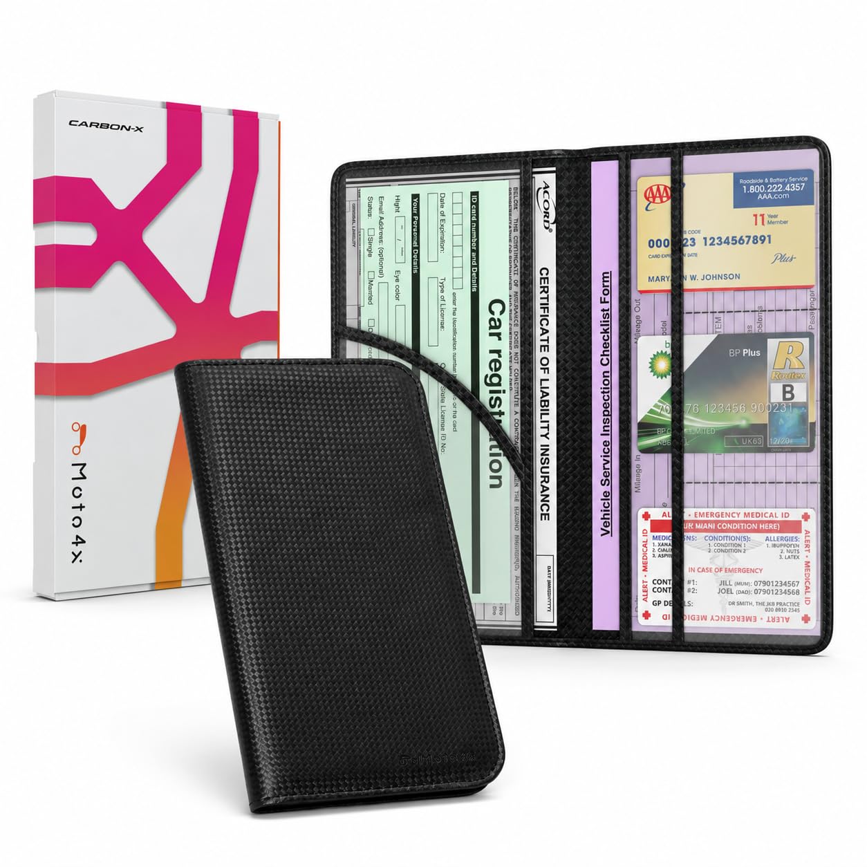 Car Registration and Insurance Holder, Carbon Black Premium PU Leather