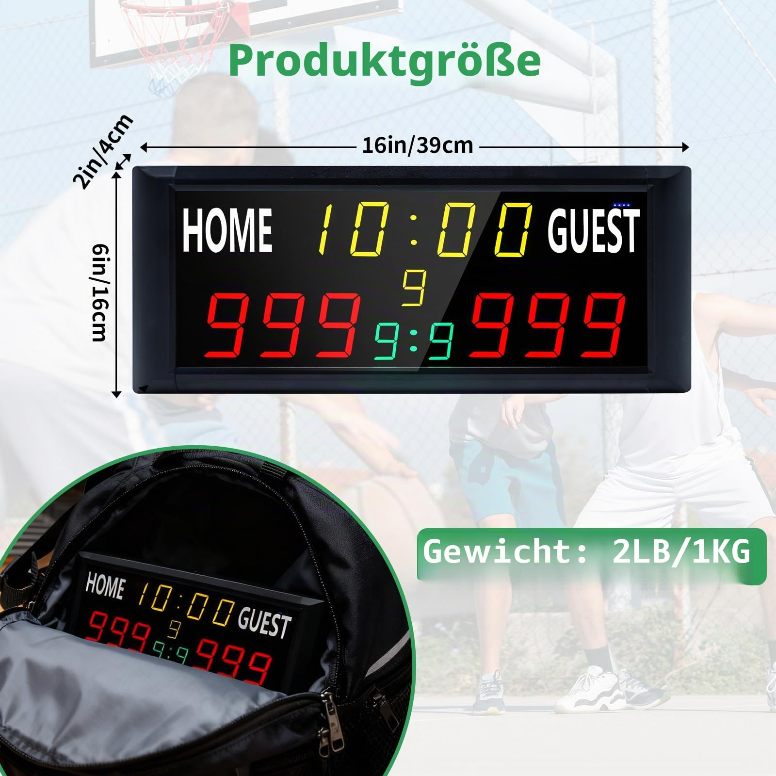 YZ 16-Zoll-Großanzeigetafel mit Fernbedienung, helle LED-Anzeigetafel für Spiele im Freien, Digitale Anzeigetafel mit Timer-Uhr, tragbarer Punktezähler für Fußball/Basketball/Cornhole/Volleyball