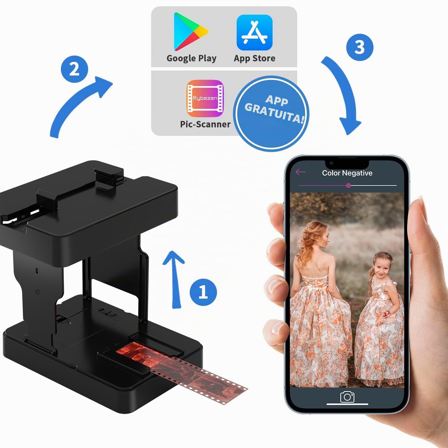 Scanner di film mobile 35 mm per digitalizzare diapositive e negative con smartphone