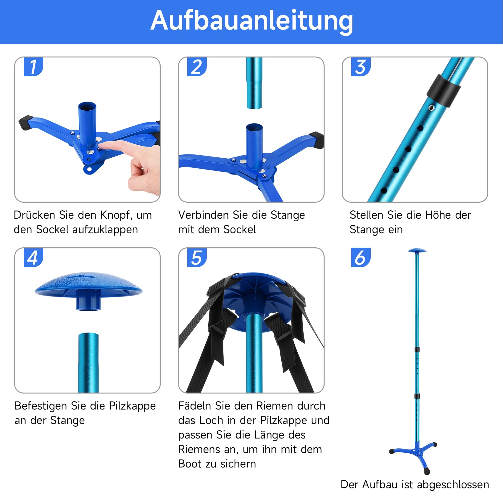 KOMCLUB Teleskop Stützstange für Bootsabdeckungen (Blau) | Stabiler klappbarer 3 Bein Bodenfuß, Standfest auch bei Wind und Wellen