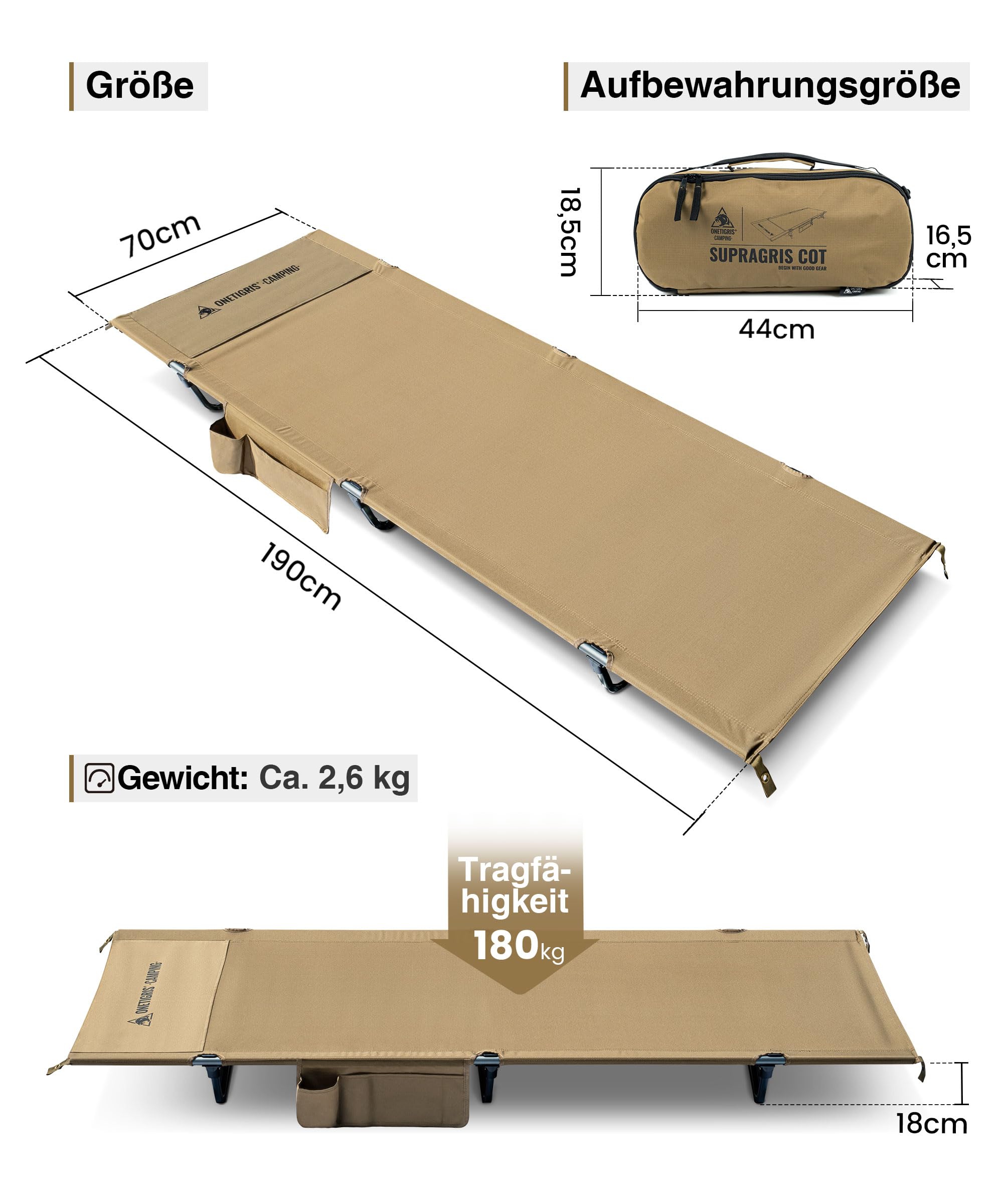 OneTigris SUPRANUBIS lettino da campeggio pieghevole, portatile, leggero, fino a 180 kg, per tenda, all'aperto, viaggi, giardino, ufficio (190 × 70 × 18 cm)