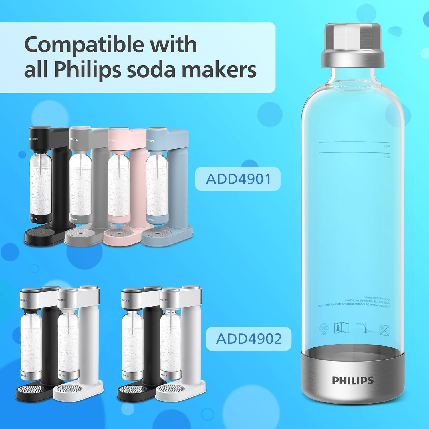 PHILIPS Carbonating Bottles ADD916/37, 1L Twin Pack Reusable PET Sparkling Water Bottles Compatible Sparkling Water Maker, 2 Pack for ADD4902BKOQ/37, ADD4902WHOQ/37 and ADD4901GROQ/37, ADD4901BKOQ/37 - Image 3