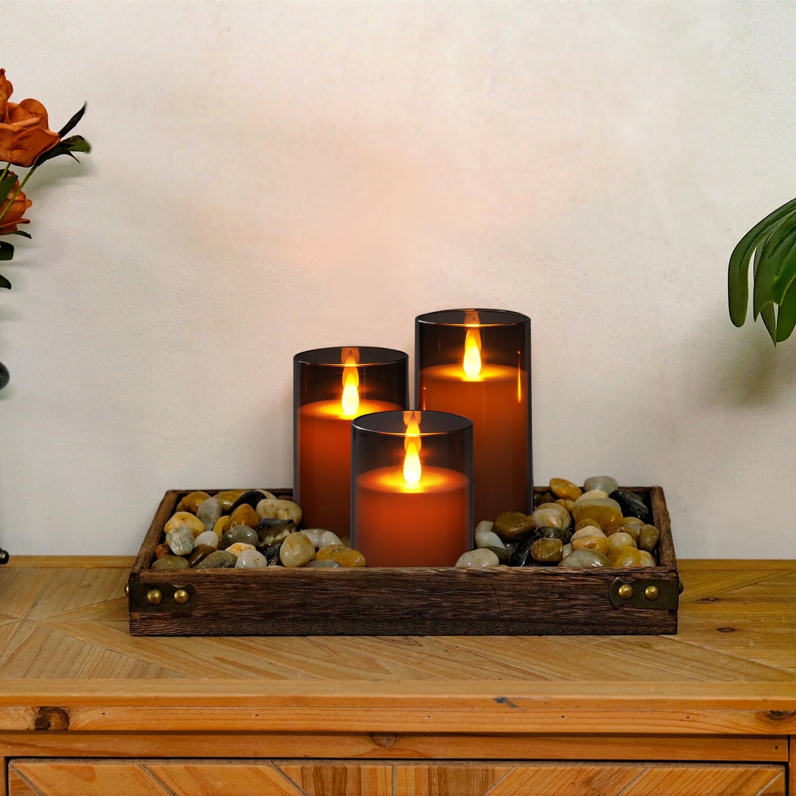 Homemory LED Elektrische Kerzen mit Fernbedienung & Timer, Batteriebetriebene Kerzen mit Flammen-Effekt, Perfekt für Weihnachtsdeko & Wohnzimmer, 3er Set Grau