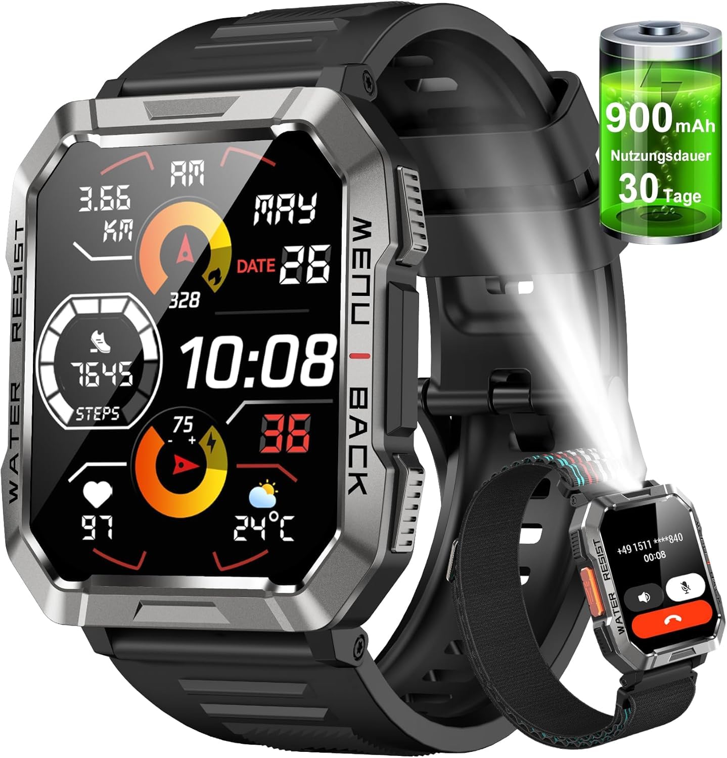 Montre Connectée Militaire Hommes, Autonomie 100 jours, Lampe de Poche LED