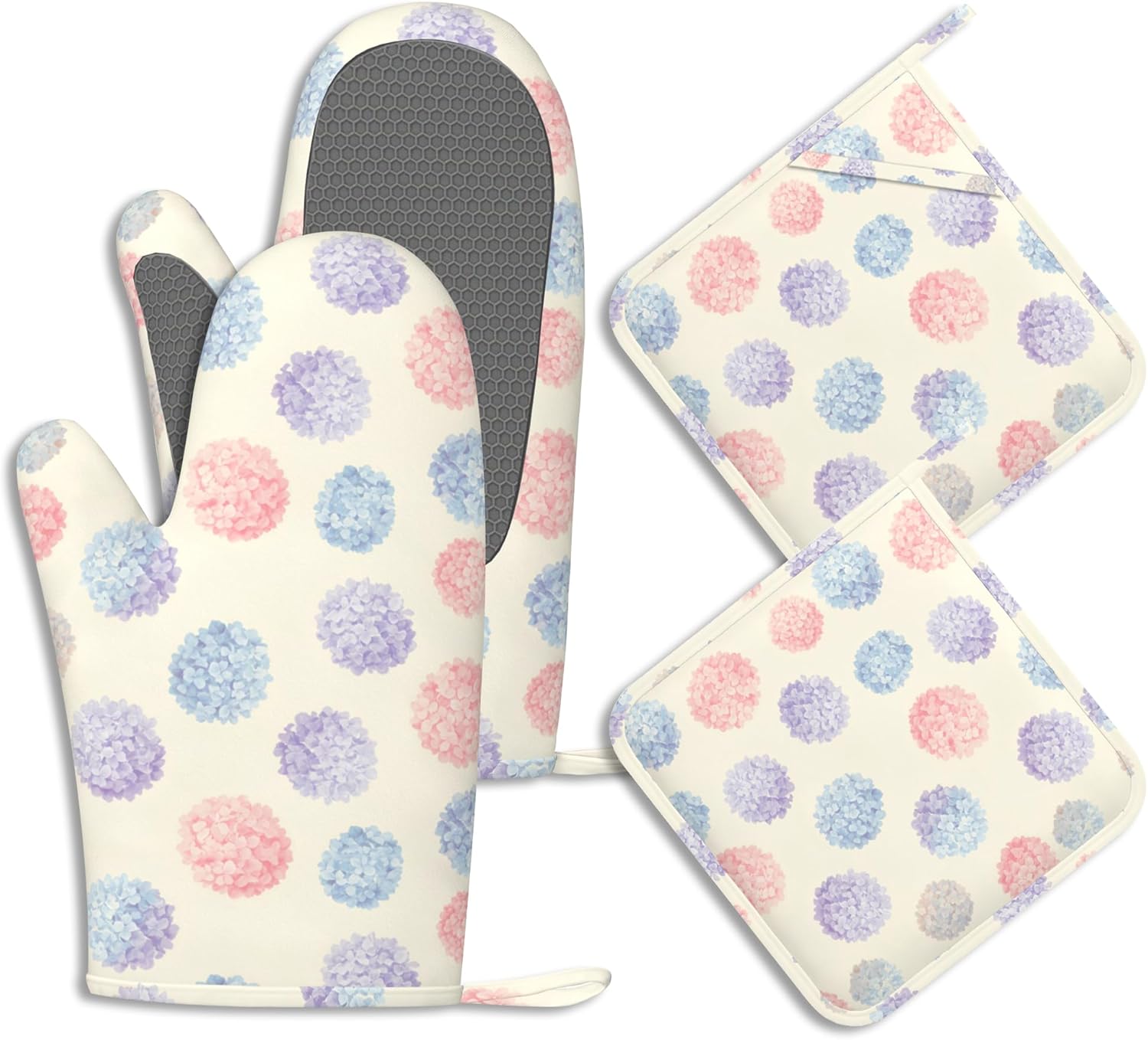 Colourful Hydrangeas Pot Holders and Oven Mitts Set Silicone Summer Flowers Kitchen Gloves Potholders Heat Resistant Washable,Chef Cooking Baking Gifts for Women Men Bakers Lover Cooks