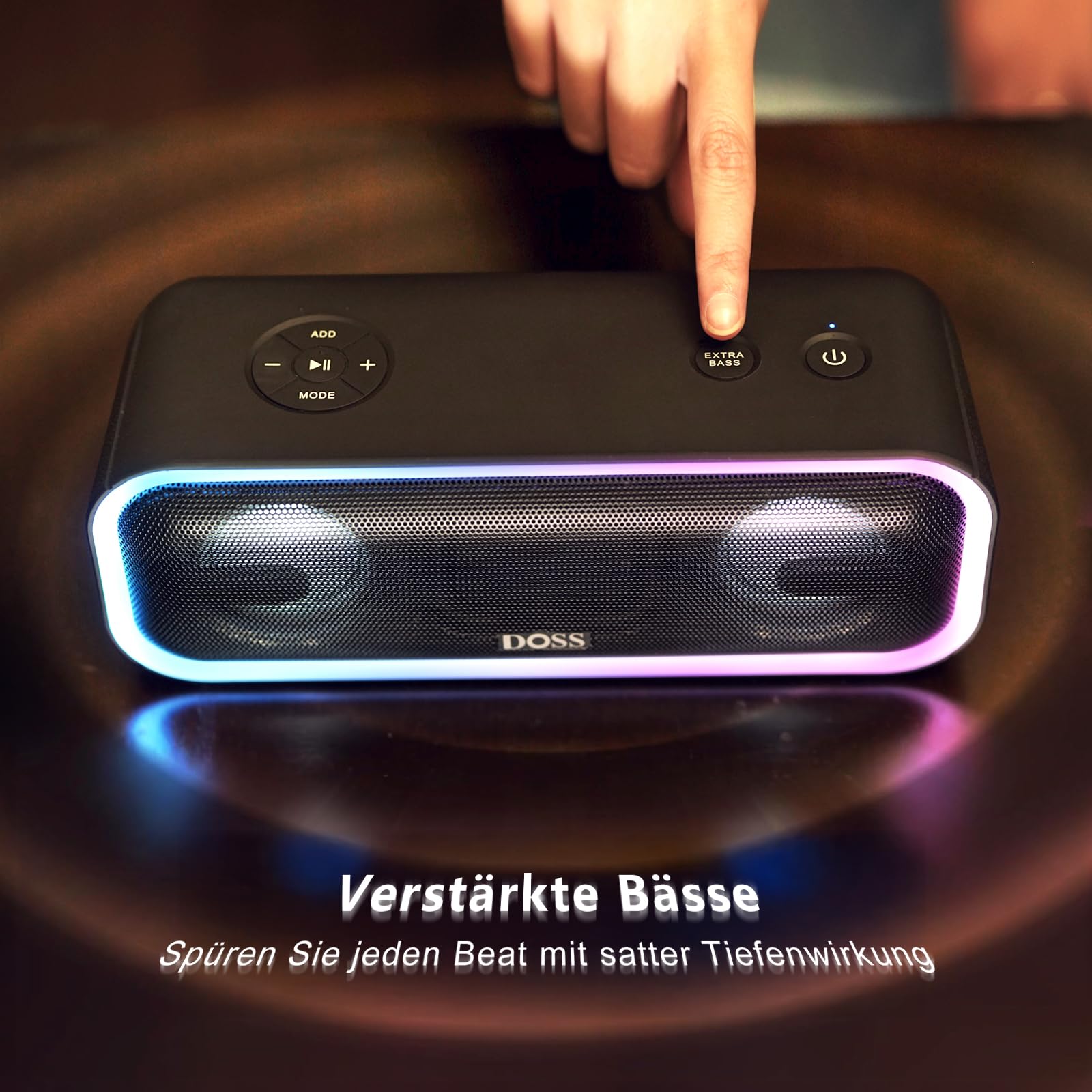 DOSS Bluetooth-Lautsprecher, DOSS SoundBox Pro kabelloser Bluetooth-Lautsprecher mit beeindruckendem 24-W-Sound, dröhnendem Bass, 15 Stunden Spielzeit, kabelloser Stereo-Kopplung, gemischten Farblicht