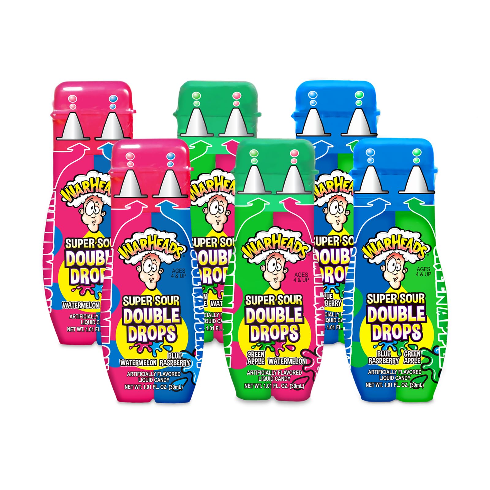 WARHEADS Super Sour Double Drops - Liquid Sour Candy - Blue Raspberry, Green Apple and Watermelon Assorted Flavors - 1.01 oz. Bottles - 6 Pack