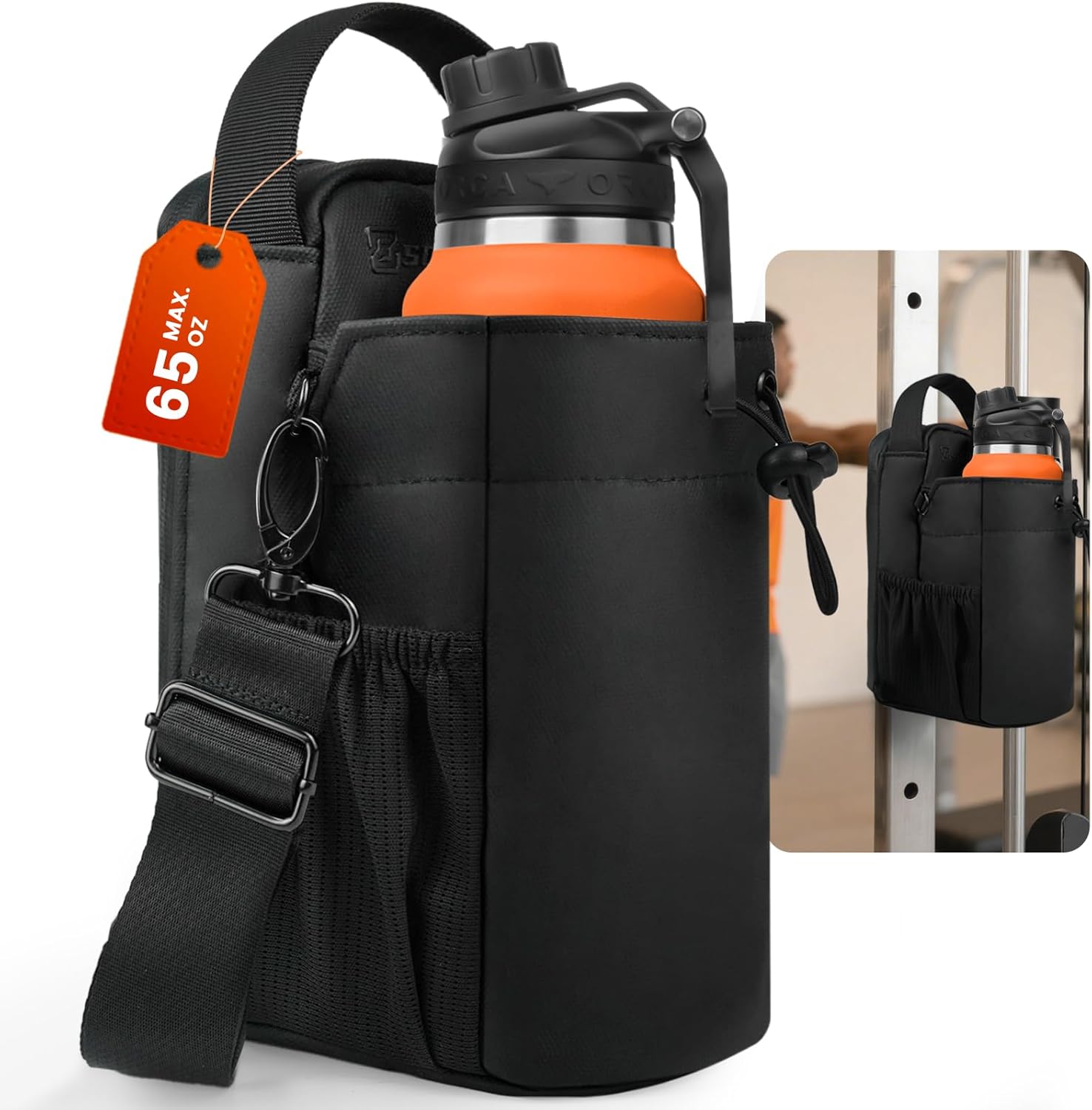 Magnetic Gym Bag | Super Strong Magnetic Water Bottle Carrier Holder with Shoulder Strap & Phone Pockets | Max. Fits 65 OZ Waterproof CrossBody Water Bottle Holder Bag for Women Men 1PK