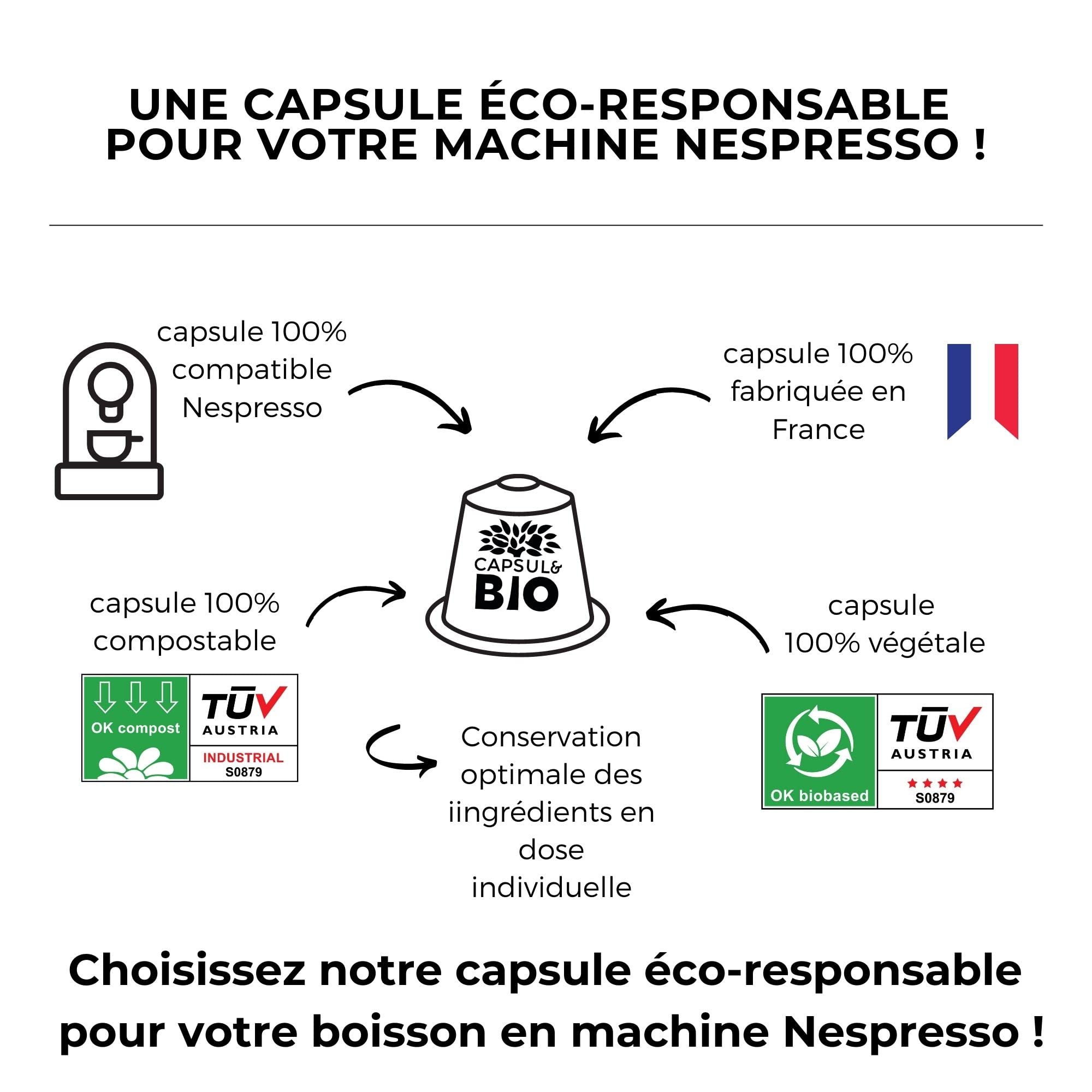 CAPSUL&BIO Té Negro Orgánico Vainilla - Compatible con máquinas de cápsulas Nespresso - Bolsa de 50 cápsulas biodegradables, 100% vegetales, rápido y saludable, fabricado en Francia.