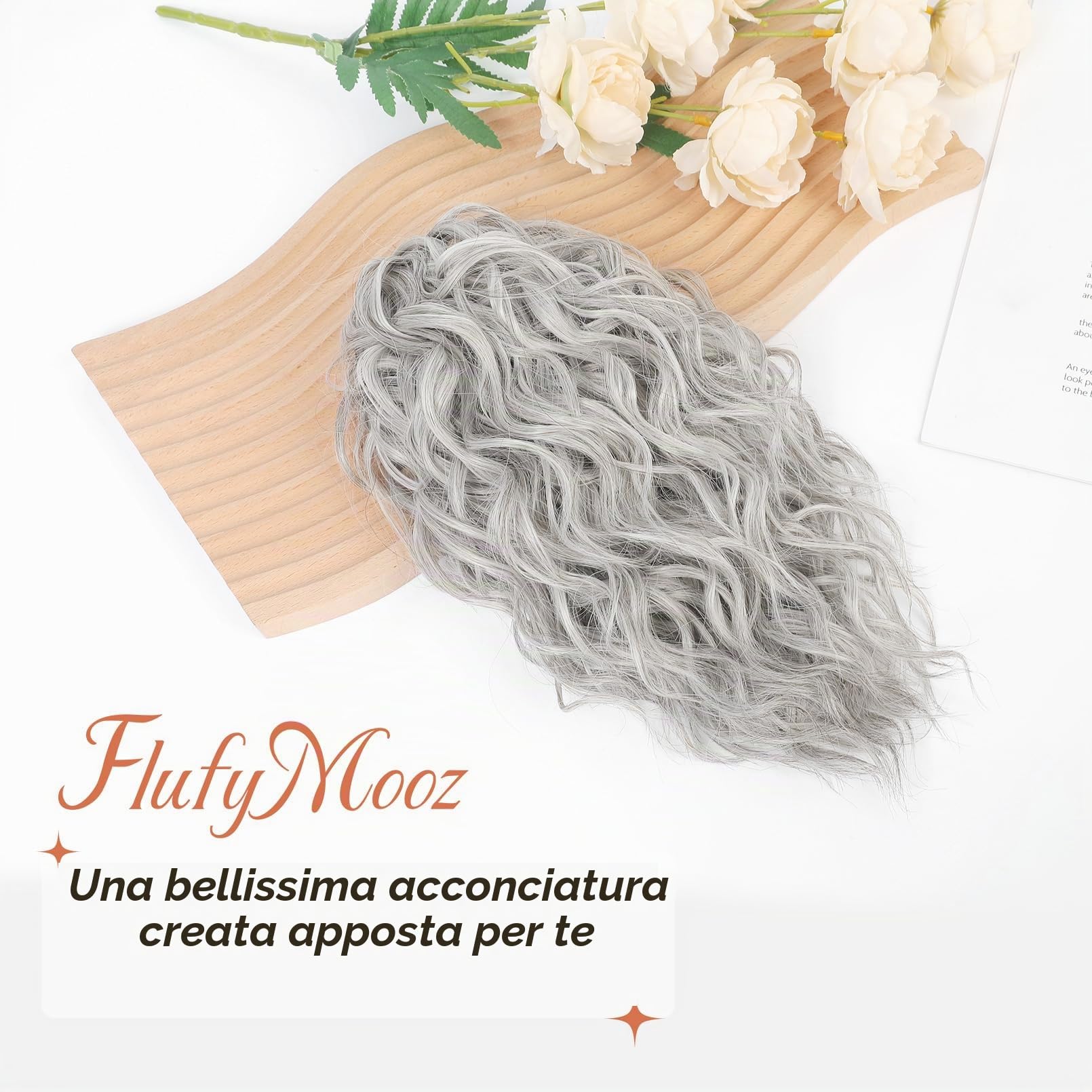 FLUFYMOOZ Estensione per capelli a coda di cavallo, 31 cm, ondulata e riccia con clip per il mento, parrucche sintetiche da donna, colore grigio/argento/bianco