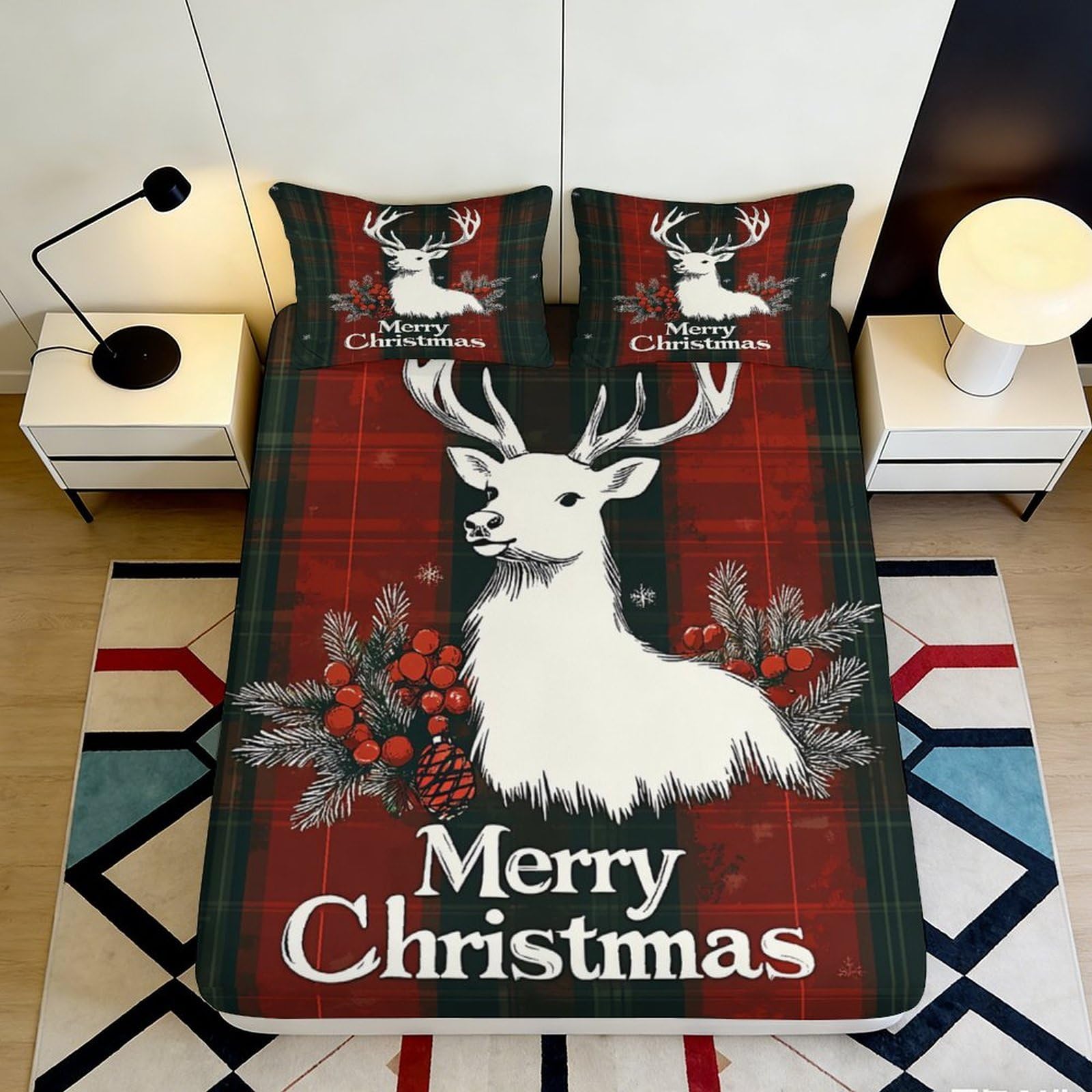 3D Printed Christmas Deer Fitted Sheet Microfiber Plaid Bed Cover for Bedroom Guest Room Festive Decor 120x200cm 160x200x25cm