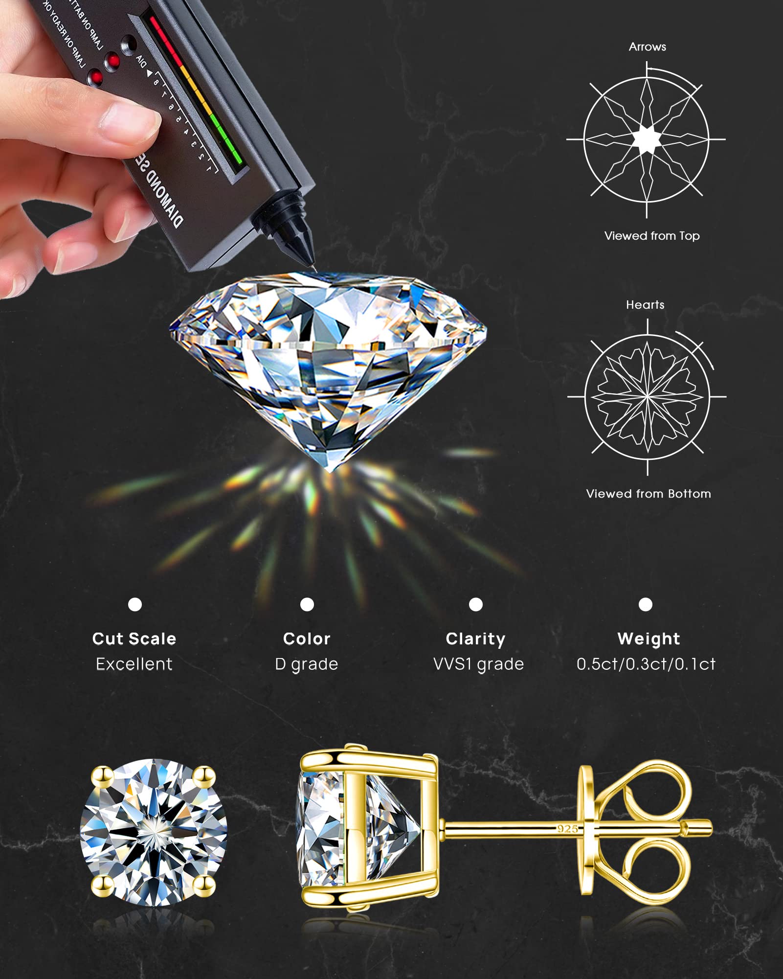Pendientes de moissanita, aretes de tuerca de moissanita para hombre, plata de ley 925, juego de aretes de tuerca de 0,1 quilates, 0,3 quilates, 0,5 quilates con certificado de autenticidad para