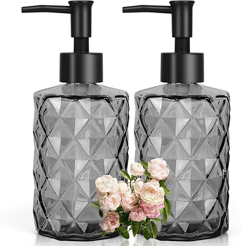 Miniatura 15 de 2 dispensadores de jabón de vidrio transparente con bomba, dispensador de jabón recargable de 11 oz con diseño de diamante para lavado de manos,