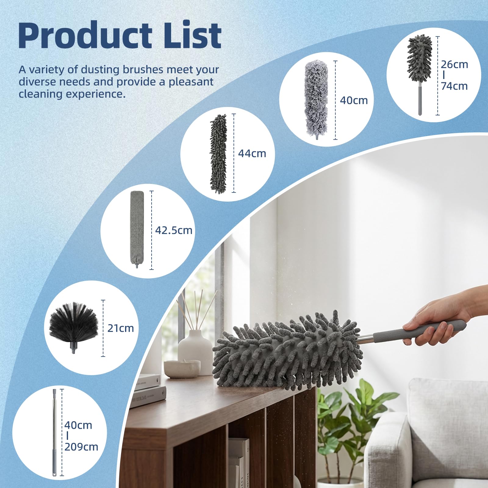 Carehabi Spolverino Telescopico Spolverino per Polvere Togli Ragnatele Allungabile 41-210 cm Spolverino Microfibra Lavabile per Soffitto Fessure Tetti Ragnatela