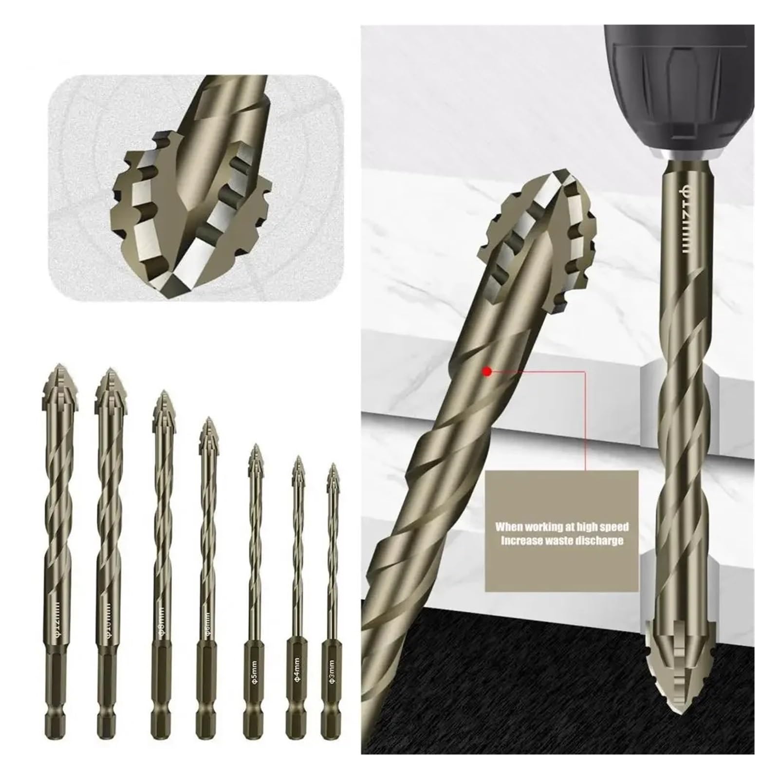 Zestaw wierteł ząbkowanych o czterech krawędziach 4-12 mm, wielofunkcyjne narzędzia do wiercenia do szkła, płytek i betonu(5-12mm(6PCS))