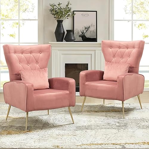 Miniatura 37 de Juego de 2 sillas de acento de terciopelo, silla de brazo de mediados de siglo con respaldo alto alado y abotonado, sillones para sala de estar y