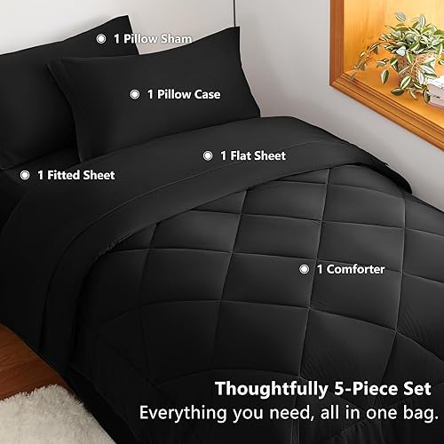 Miniatura 3 de CozyLux Juego de edredón individual XL, negro, toda la ropa de cama en una sola bolsa, 5 piezas edredón, encimera, bajera y funda almohada y