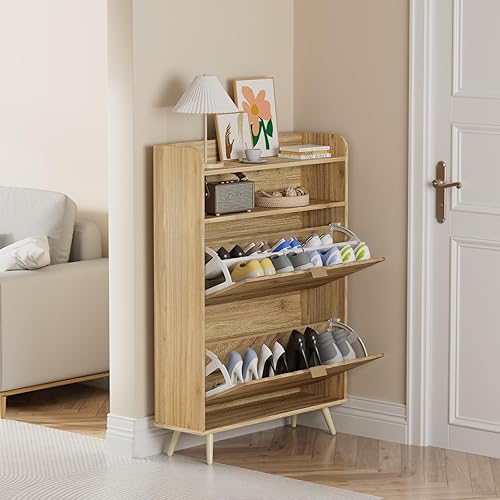 Miniatura 9 de JUNHEDAMAI Zapatero con 2 cajones abatibles, armario de almacenamiento de zapatos para entrada, organizador de zapatos independiente con