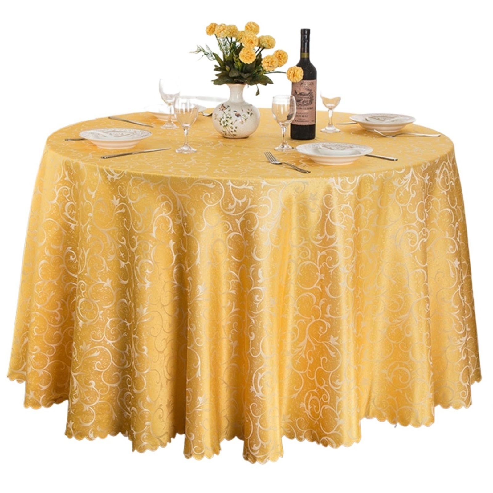 SHENJMAI Round Skirt Tablecloth Circular Hotel Tablecloth Golden Flowers for Wedding Party Decoration Table Skirt Set Restaurant Multipurpose(Golden,Diameter 300cm 1pcs)