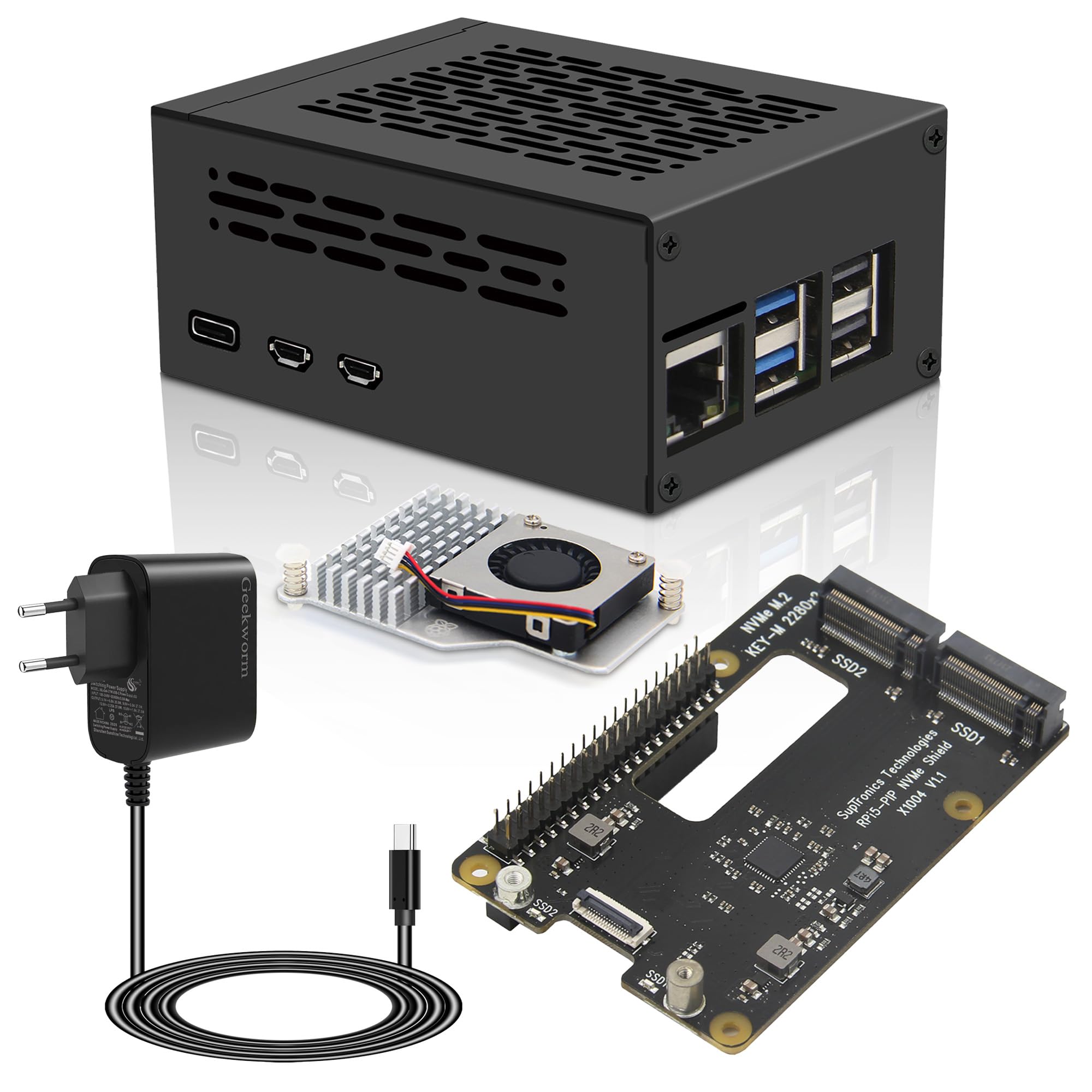 Geekworm X1004 PCIe to Dual M2 NVMe SSD 2280 Shield with Case, Active Cooler & Power Adapter for Raspberry Pi 5
