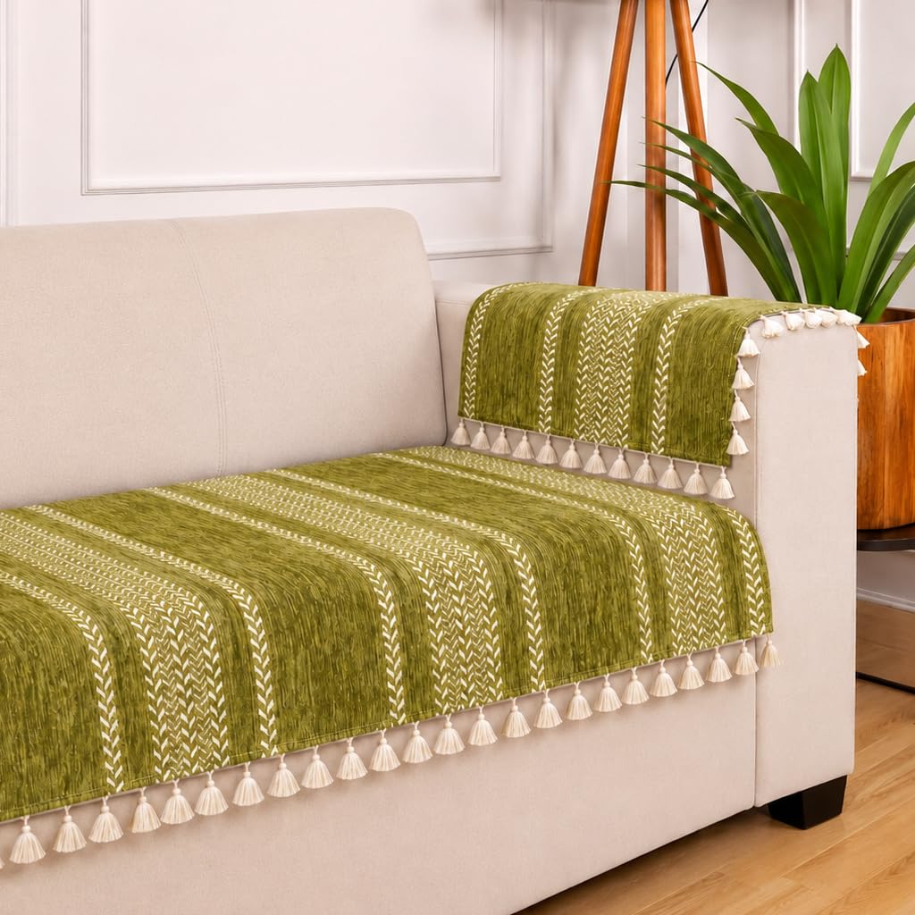 STITCHNEST Chenille Printed Sofa Cover 3 Seater with 2 Hand Rest Covers – Washable Green Sofa Cover with Tassels – Durable Premium Fabric – Stylish Sofa Protector for Living Room & Furniture Decor