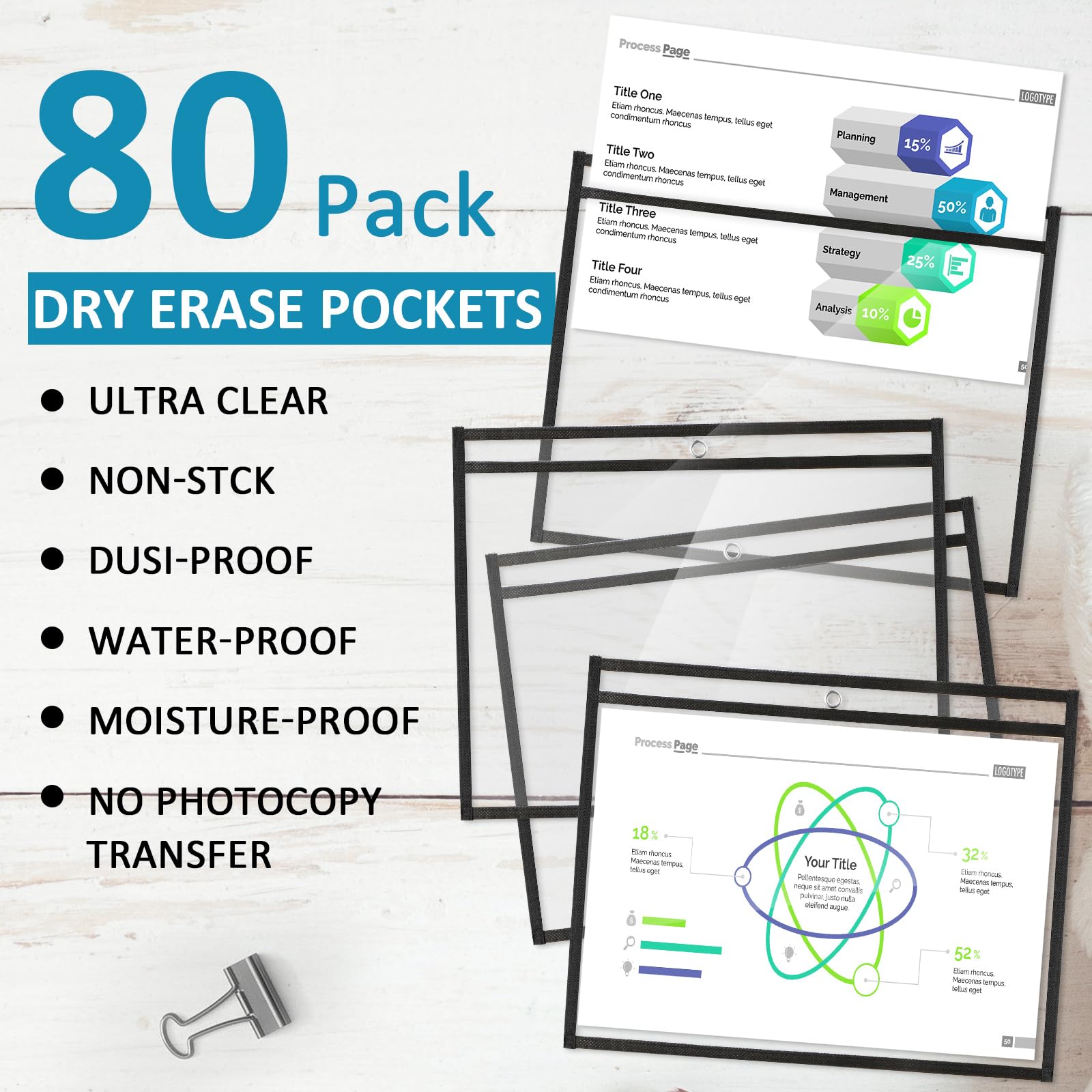 Yunsailing 80 soportes para boletos de trabajo, fundas de borrado en seco, fundas negras reutilizables, fundas protectoras de plástico transparente para profesores, trabajo, aula, oficina (12.5 x 10