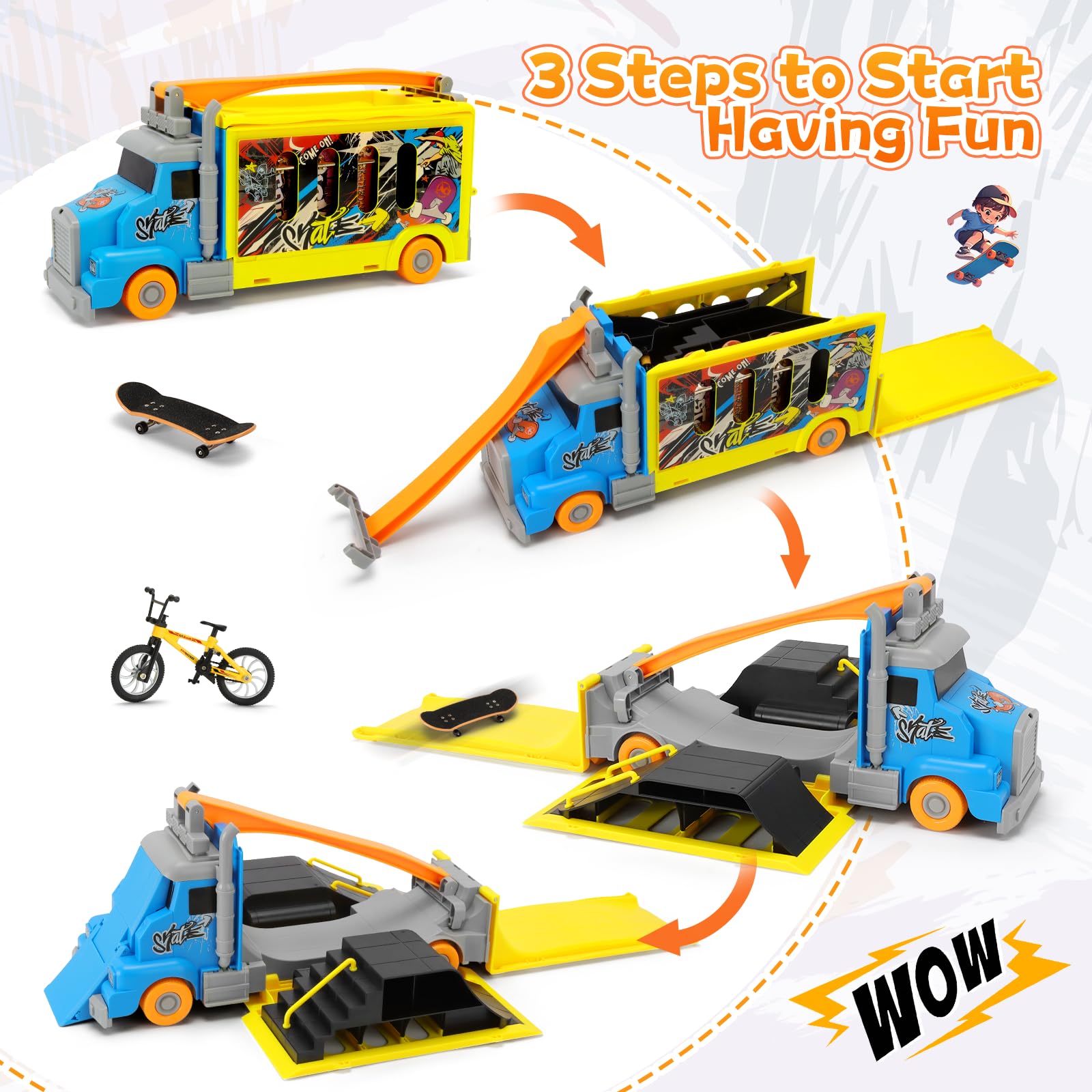 Tlater Zestawy rampy do deskorolki, 2 w 1, deskorolki, zabawki z rampami do deskorolki, 3 podstrunnicami, 1 mini rower na palec i do przechowywania, kreatywne prezenty dla chłopców i dziewcząt w wieku