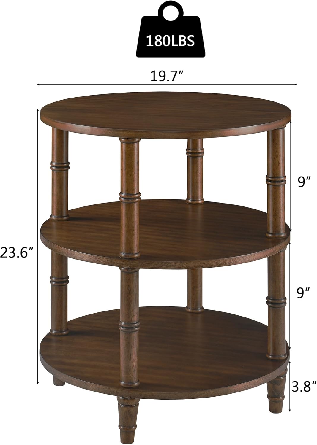 3-Tier Solid Wood Round End Table, Sofa Side Table with Open Storage Shelf Accent Corner Table with Wood Finish, Nightstand with Bamboo-Inspired Legs for Narrow Spaces, Dark Brown, 19.7"D x 23.6"H