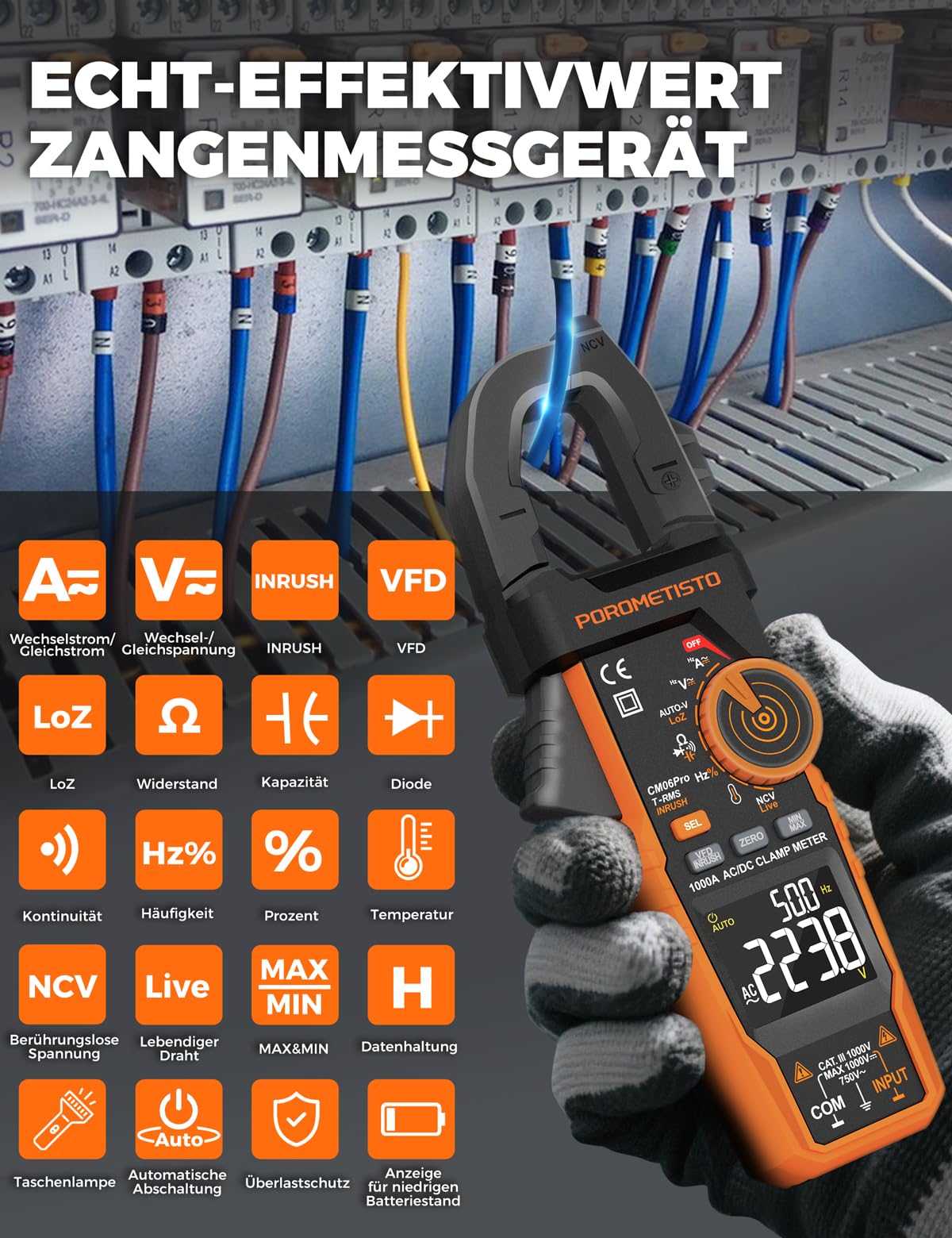 CM06PRO Digitales Strommesszange 6000 Counts True RMS, 1000A AC/DC – mit Einschaltstrommessung & NCV – Multimeter für Strom, Spannung, Widerstand, Kapazität, Temperatur, Leitungserkennung