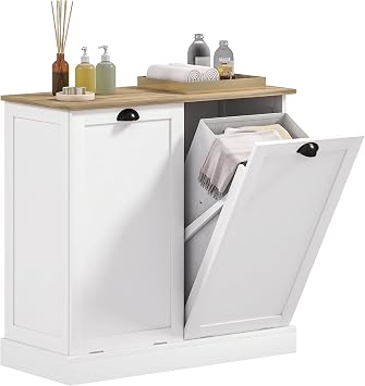 HOMCOM Double Tilt-Out Laundry Hamper Cabinet with 2 Removable Basket, Modern Bathroom Storage Cabinet with Shaker Doors and Handles, White