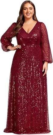 Ever-Pretty Womens Elegant A-Line V Neck Sheer Long Sleeves Plus Size Sequin Formal Dress Evening Gown