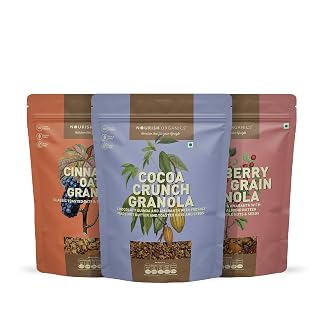 Nourish Organics Granola Variety Pack, 270g x 3 | Cranberry Super Grain, Cinnamon Oats & Cocoa Crunch | Breakfast Cereal with Whole Nuts | No Refined Sugar
