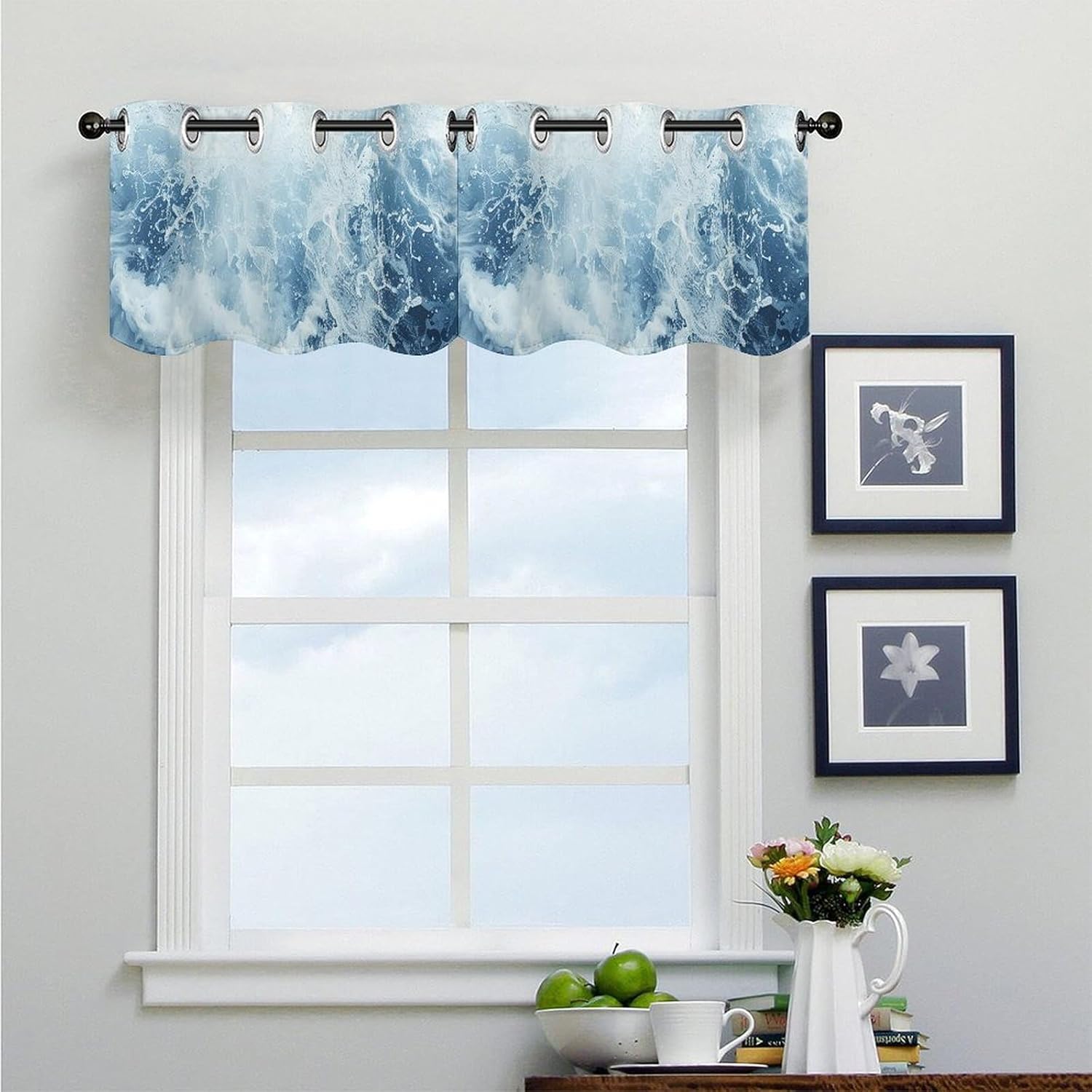 Blue Water Waves Valance for Windows, 2 Pack Kitchen Curtains Modern Home Decor, Soft Blackout Window Curtains for Living Room & Bedroom, 18 X 52 Inch