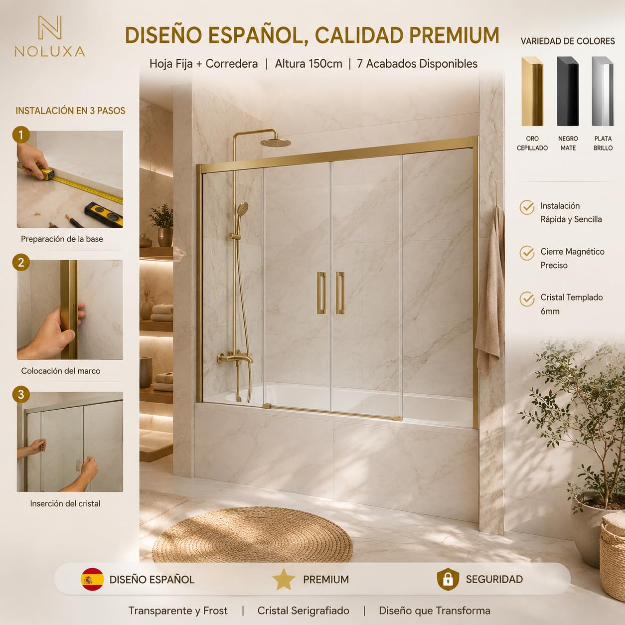 GME - Mampara Ducha Frontal Bañera Dos Puertas 2 Fijas + 2 Correderas 180cm Negro Mate | Mampara de Cristal Reversible, Perfilería con Ancho Adaptable y 150cm de Altura | Vidrio con Grosor 6mm