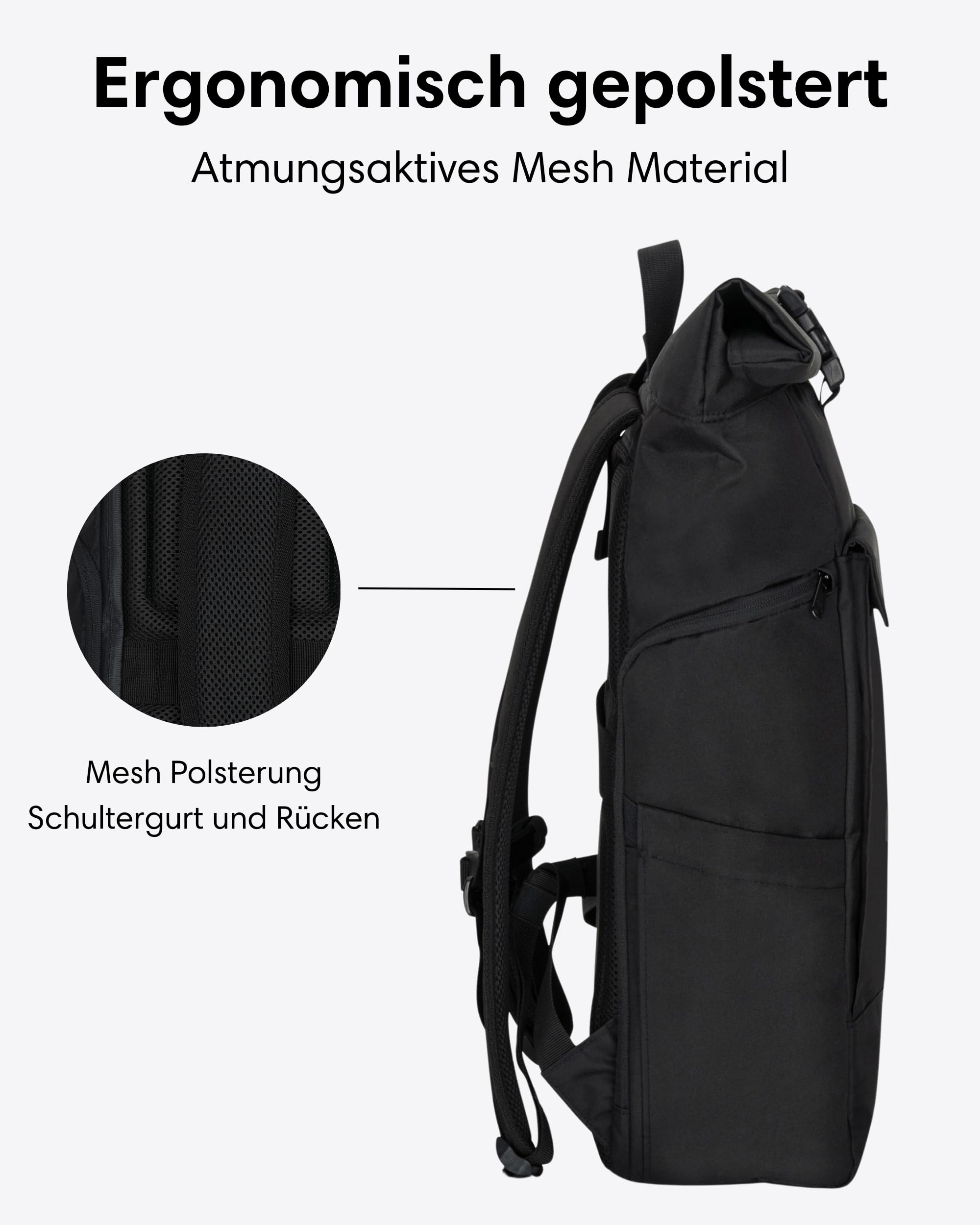 LARKSON Rucksack Damen & Herren Schwarz - No 4 Large - Rolltop Backpack 21 L mit 16 Zoll Laptopfach Uni, Arbeit & Fahrrad - Großer Reiserucksack mit Trolley Strap