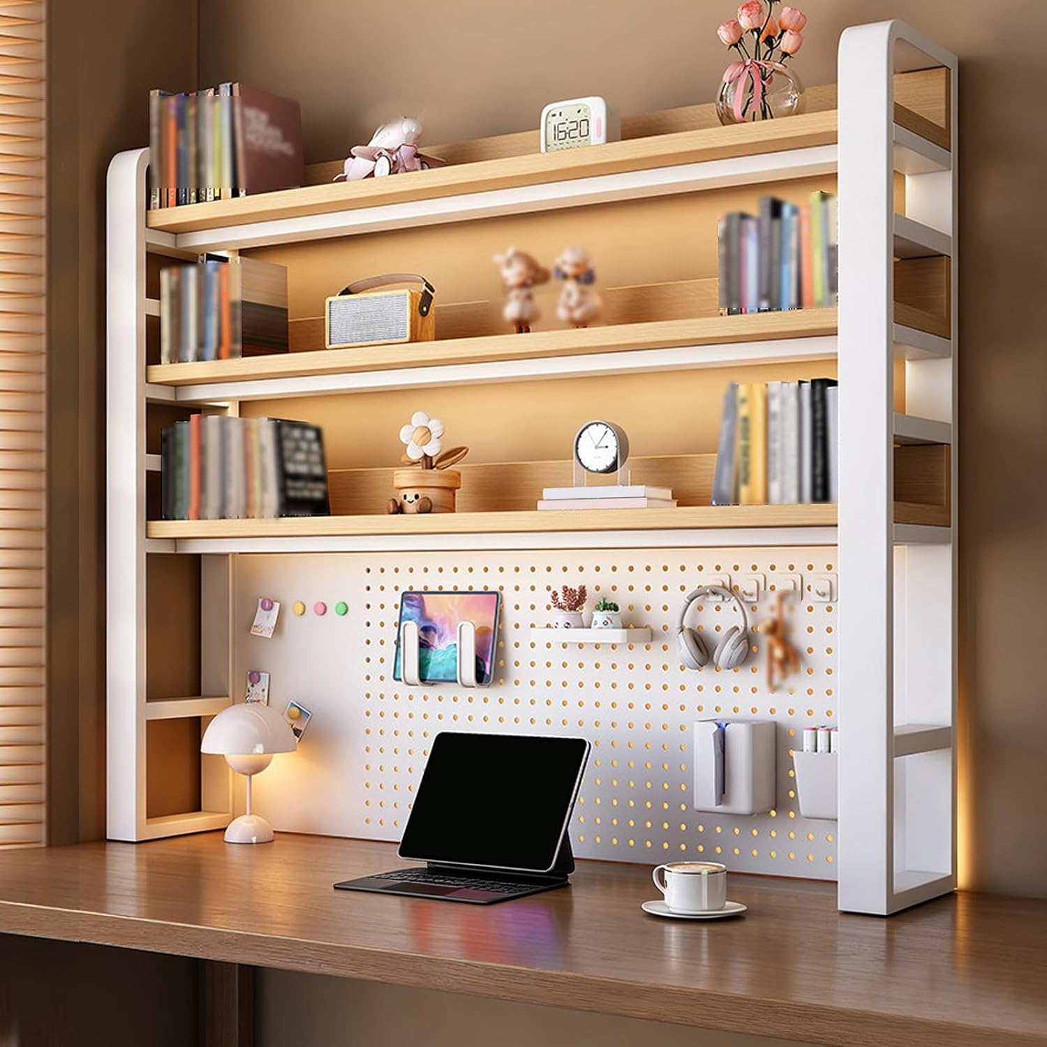 Metal Desk Organizer with Pegboard, Multi-Functional Desk Shelf for Home Office, Space-Saving Desktop Storage Solution, Stylish and Durable Desk Accessory