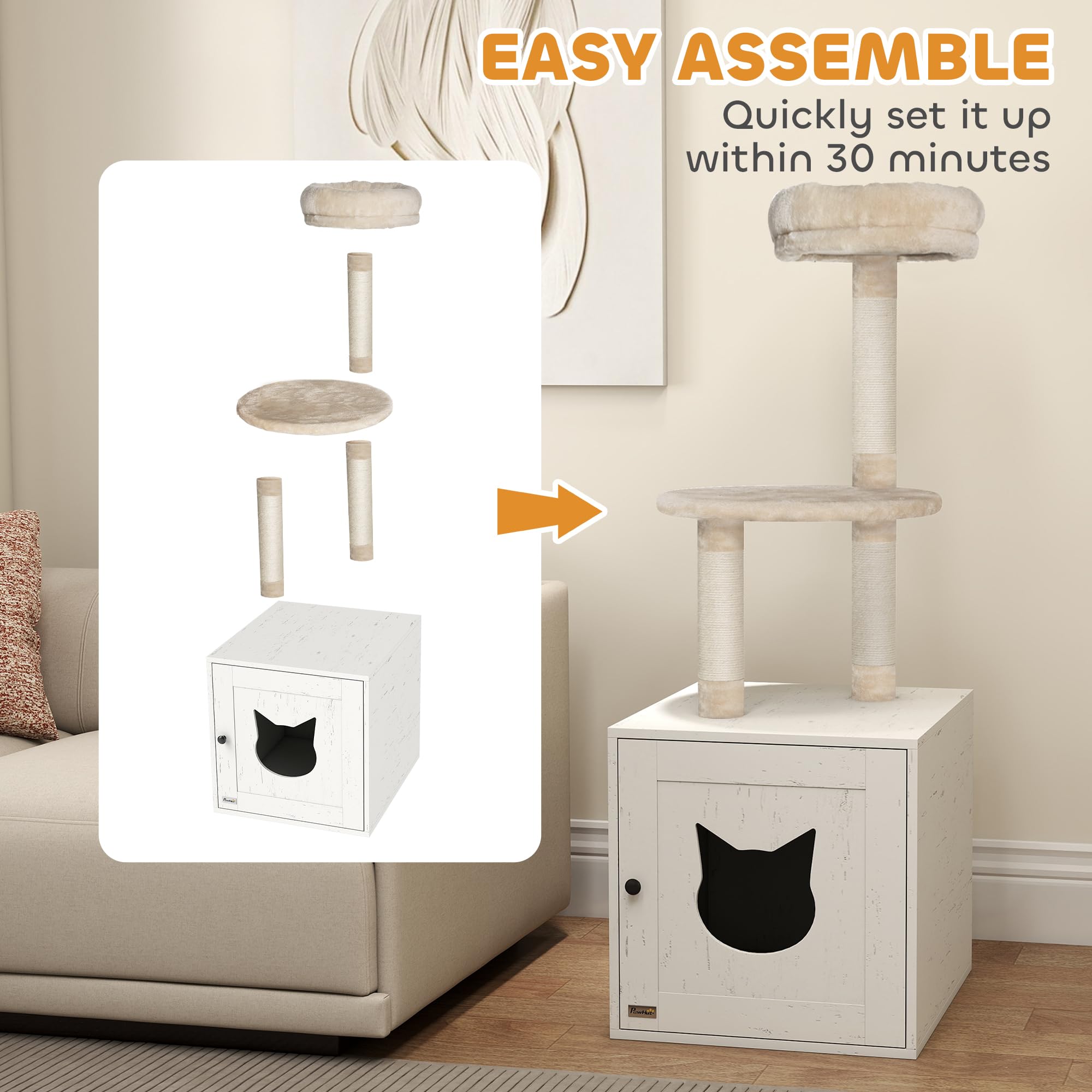 PawHut Tiragraffi per Gatti con casa di Servizi igienici, Torre di Gioco 2 in 1, Cuccia per Gatti da 129 cm con coprilettiera, Pali da graffiare, Piattaforma, Letto, Crema