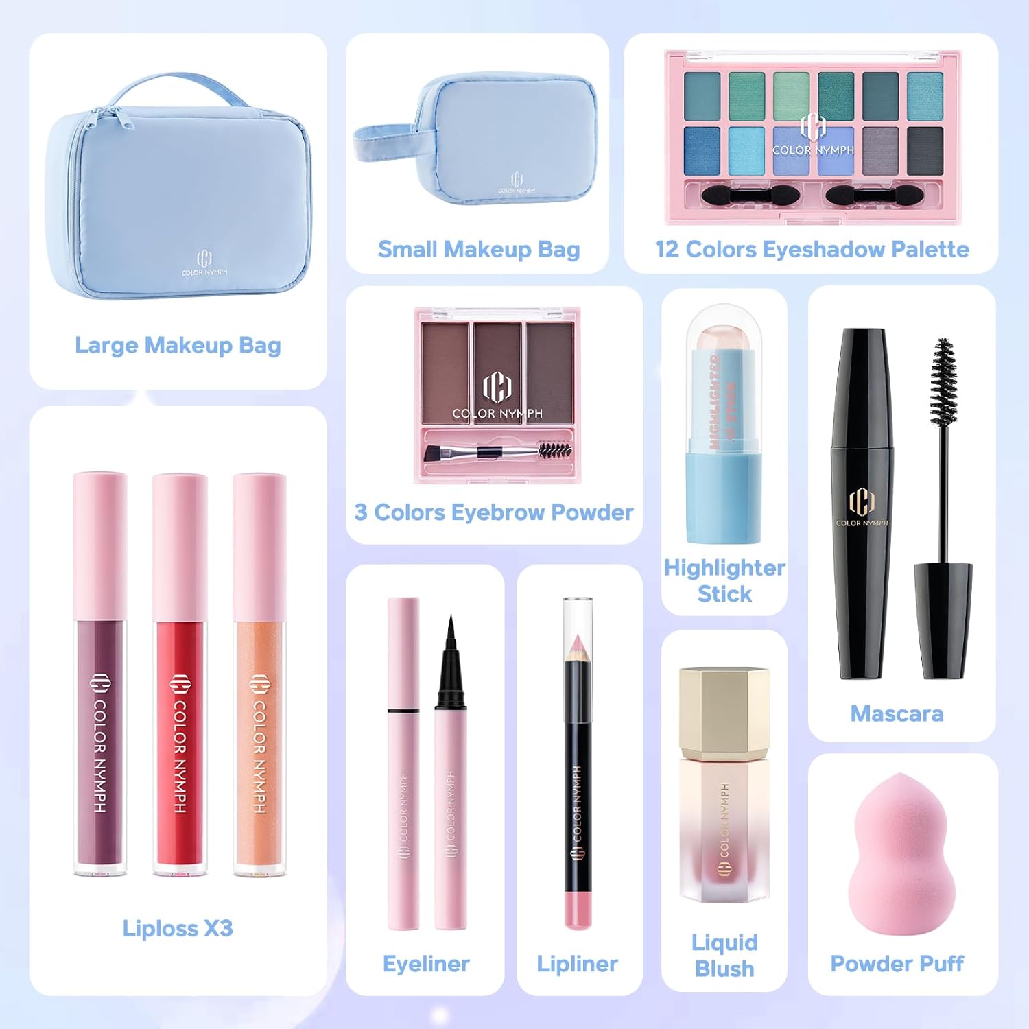 Color Nymph Makeup Sets for Women Teen Girls with 2-in-1 Travel Handbag, All In One Makeup Kits Full Kit Includes Eyeshadow Lipgloss Eyebrow Powder Highlighter Blush Mascara Eyeliner Lipliner & Puff - Image 2