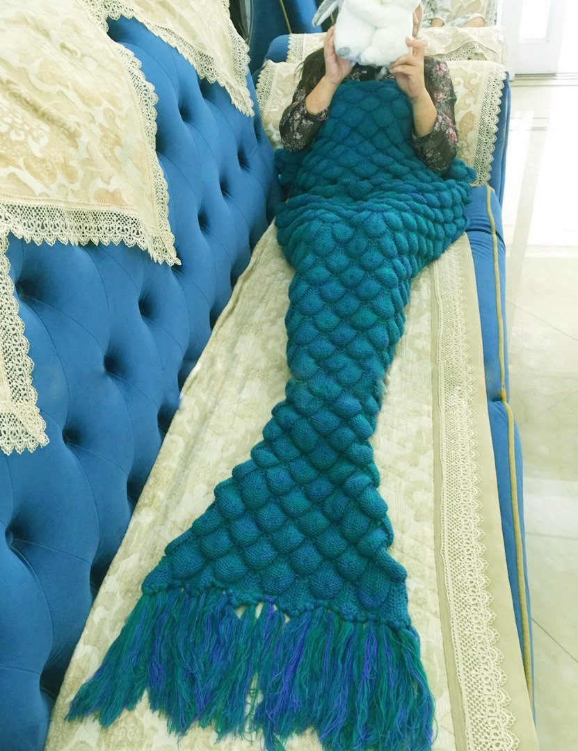 Warm and Soft All Seasons Mermaid Blanket Sofa Quilt Living room blanket ，Sleeping Bag and Camping Bag (71"x 35") (Light Blue) (Scales&Tasse--Dark Green)