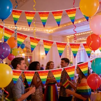 26.2FT Pride Bunting Flags, Pride Decorations, 25 Rainbow Stripes Triangle Flags Banner, Pre-Threaded Weatherproof Bunting for LGBTQ Gay Party Supplies, Festivals Celebrations, Home, Garden Decor