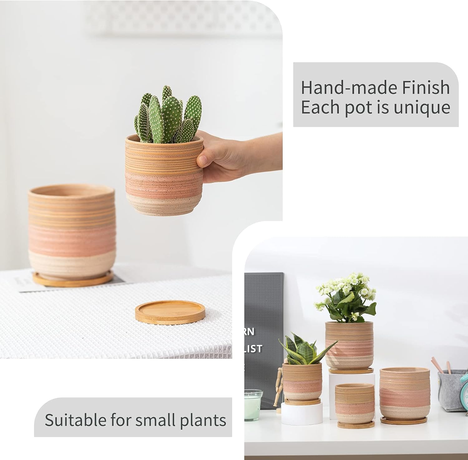 BABALIU 5.25 + 4 Inch Ceramic Garden Plant Pots with Drainage Hole and Bamboo Saucers, Unglazed Planters for Indoor and Outdoor Plant, Set of 4 : Patio, Lawn & Garden