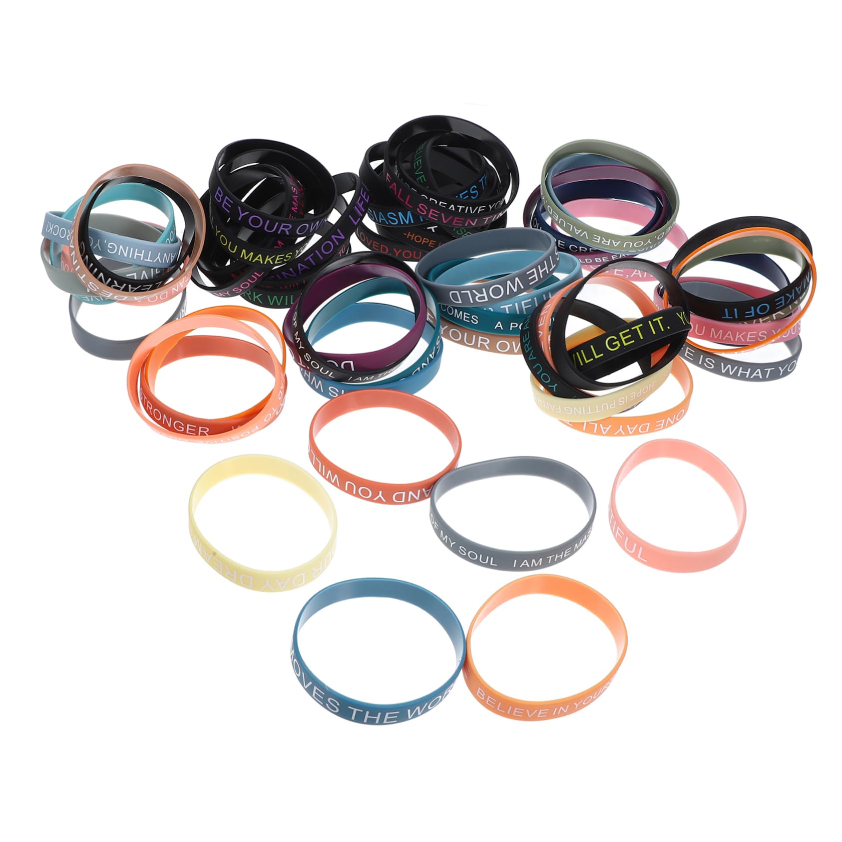 Toddmomy 100 Pièces Bracelets Motivants Silicone de Colorées avec Inspirantes pour Adolescents Accessoires DIY Unisexes Élastique pour Rester Positif et Motivé