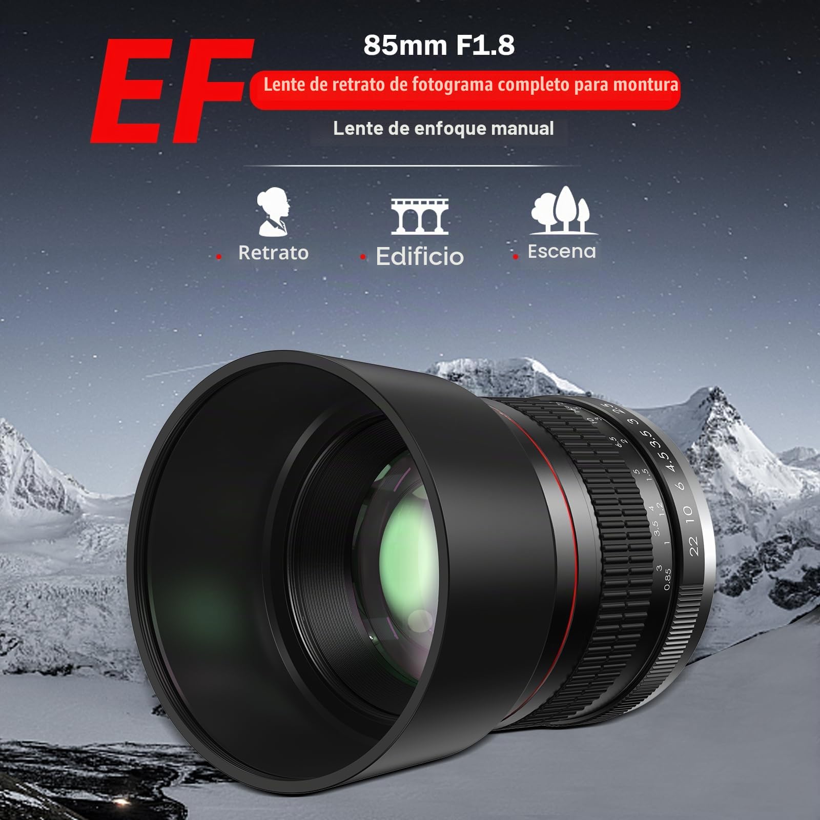 Objetivo EF para Canon - 85mm f1.8 Manual Lente de Retrato para Canon EOS 4000D 3000D 2000D 1500D 850D 800D 700D 750D 250D 200D 100D 90D 80D 77D 6DII/5DIV/IDXIII DSLR Cámaras