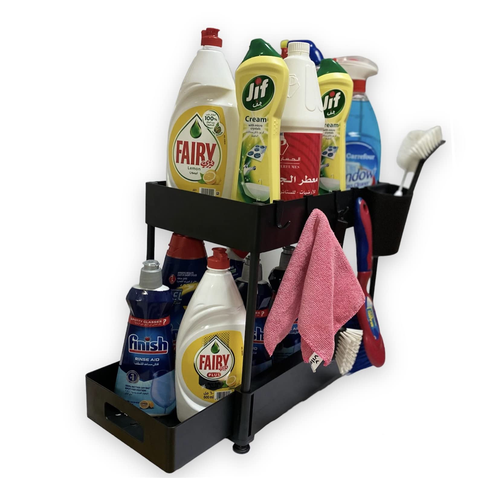 HATC Under Sink Organizers and Storage Pull Out Sliding Drawers,2 Tier Under Sink Shelf Organizer with Sliding Drawer 4 Hook 1 Cup, Cabinet Basket Organizer for Bathroom/Kitchen (Black)