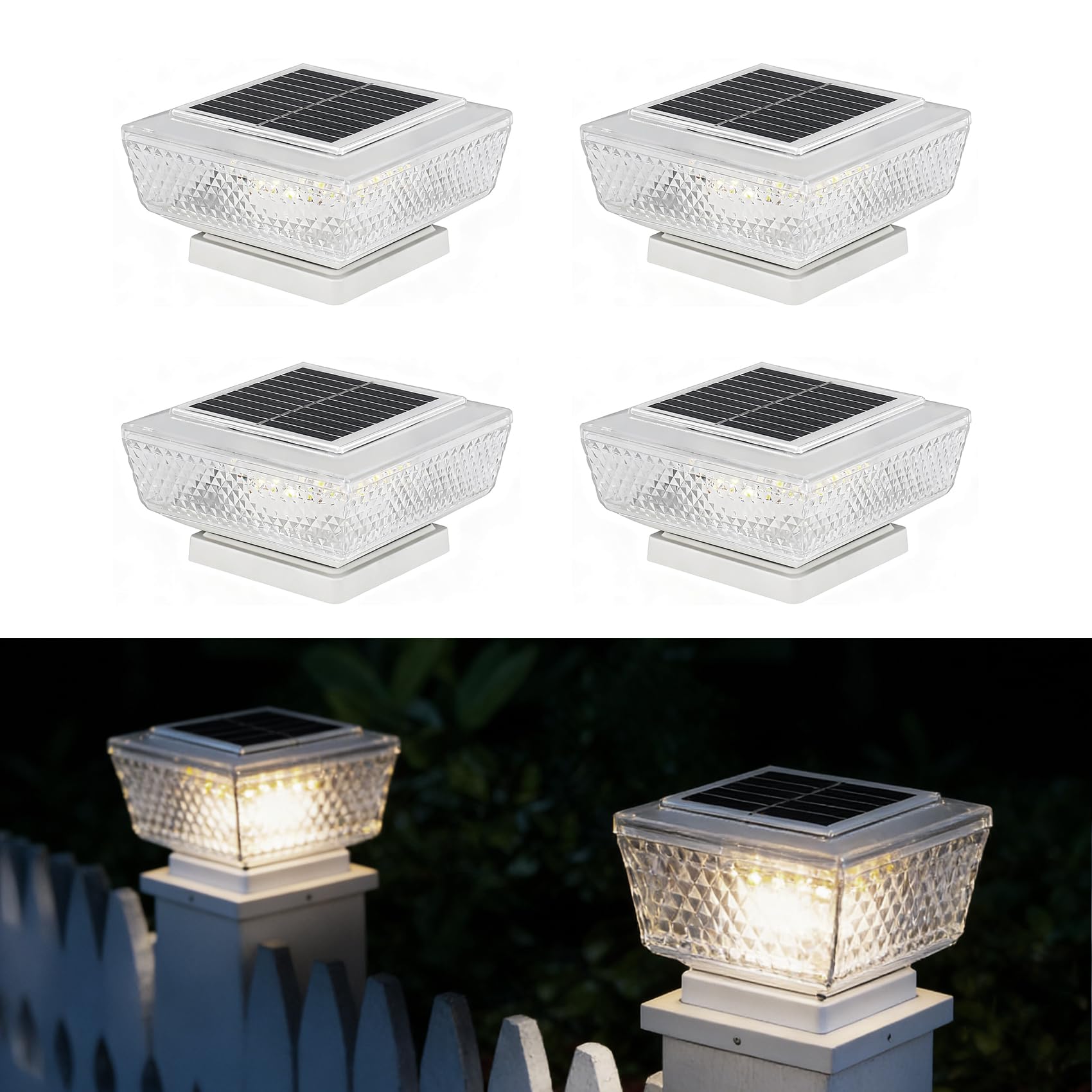 Pack de 4 Luces Solares Exterior para Escaleras, Lámpara LED con Carcasa Blanca Transparente para Peldaños, Vallas y Terrazas, Iluminación Impermeable de Alta Transmitancia, Blanco Cálido