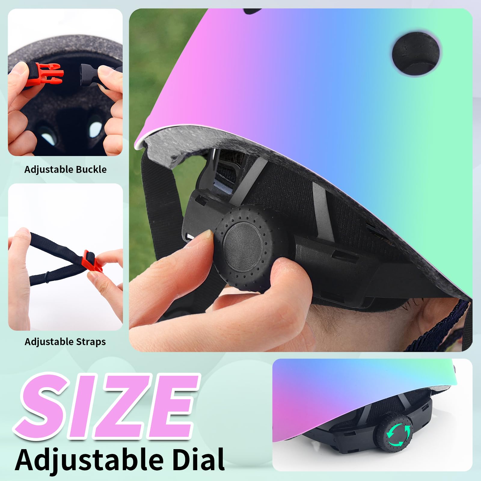 Juego de casco y almohadillas para patineta y bicicleta, equipo de seguridad ajustable para niños pequeños con degradado de color frío para niños y niñas de 3-5-8-14 años, para scooter, patinaje 5