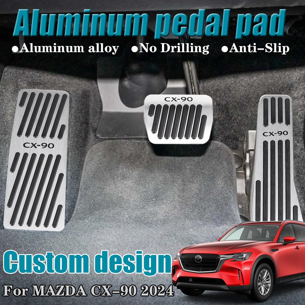 LEXLEY 3PCS Anti-Slip Aluminum Brake Gas Dead Pedal Pads,Auto No Drilling Accelerator Pedal Covers Only for Mazda 2024 2025 CX-90-SLIVER