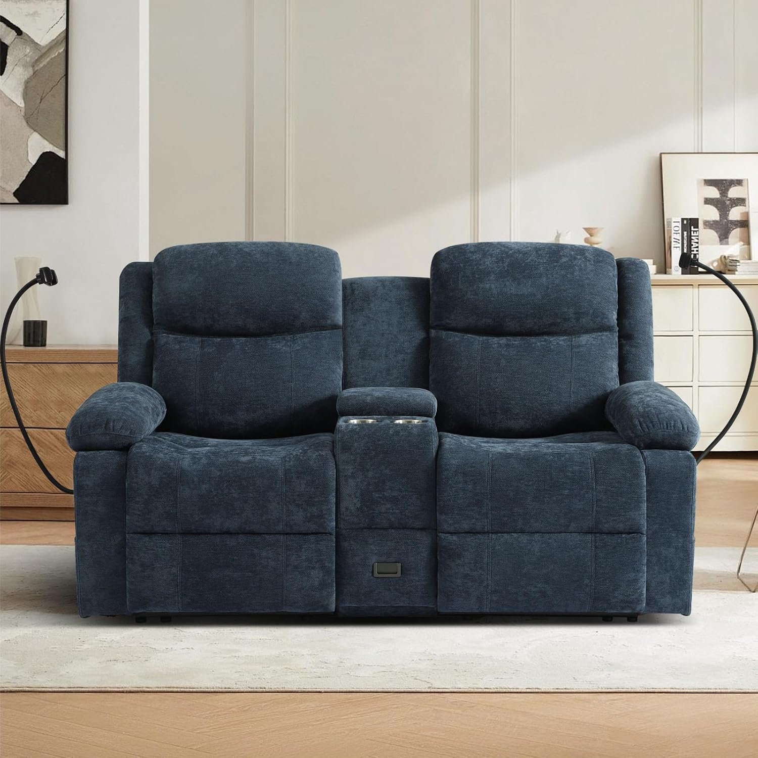 Loveseat Recliner Sofa, Manual Recliner Loveseat with Console, Modern Chenille Sofa Sleeper Deep Couches with Cell Phone Holder and Hidden Socket for Living Room/Office/Apartment (Blue) | Cup Holder, Side pocket